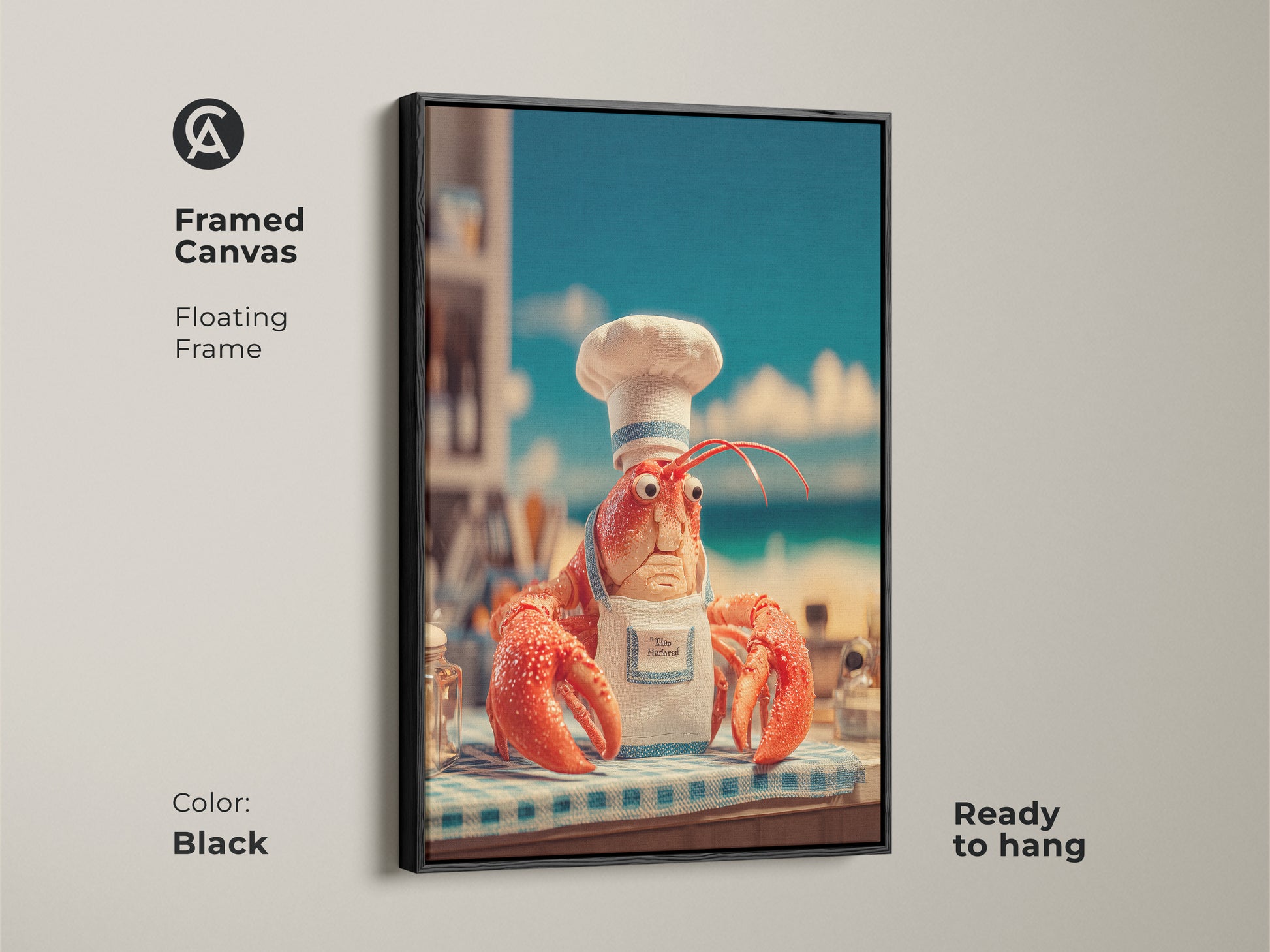 Black framed canvas art print of a lobster chef. This floating frame is ready to hang and adds a sophisticated touch to your space. The funny artwork is perfect for adding humor to your home decor. A unique art piece for seafood enthusiasts.