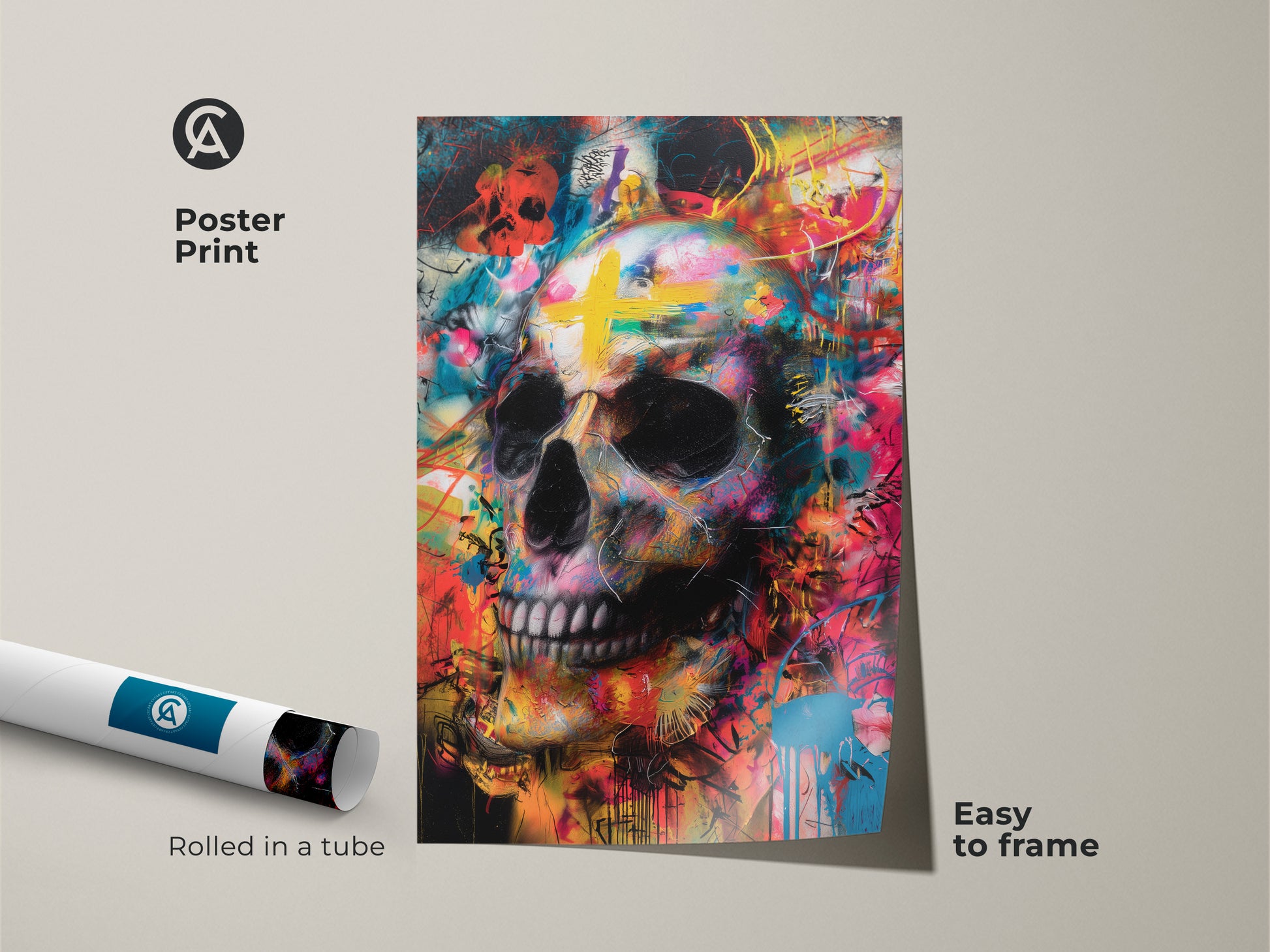 Poster print of a skull artwork rolled in a tube. The colorful skull artwork is easy to frame. Add a unique touch to your space with this striking poster. This skull art is a bold decor choice.