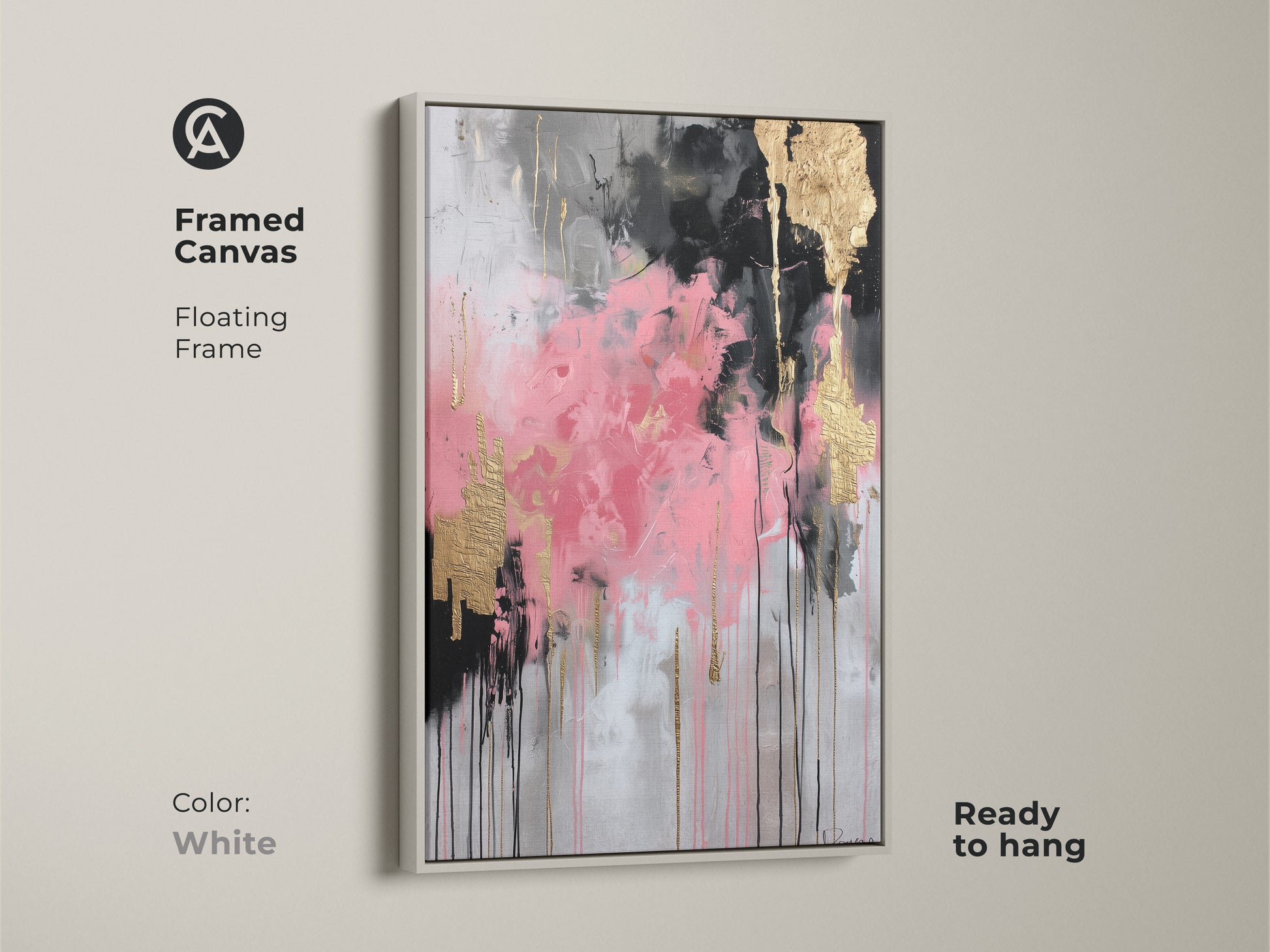 Framed canvas showcasing pink black and gold leaf abstract art with a white floating frame. This contemporary painting is ready to hang. The modern abstract style makes it a perfect addition to any room. Ideal for eclectic home decor this framed artwork adds a touch of sophistication. It’s a unique gift for art lovers enhancing any space.