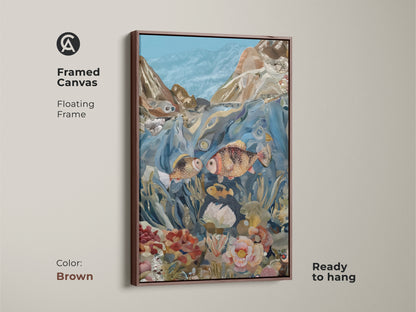 Sizing guide for vertical eclectic underwater collage art prints. Available as canvas or poster in sizes from 8x12 to 45x67 inches. Perfect bedroom decor gift for nature lovers.