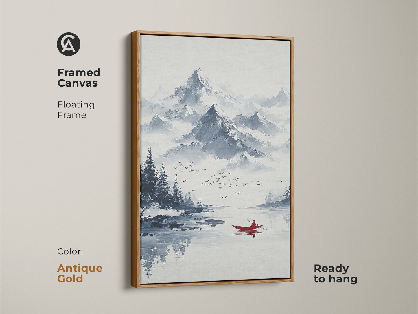 Framed canvas of ink wash mountain art. This minimalist boat canvas print features a floating antique gold frame. Ready to hang this blue gray landscape art enhances a living room. The serene lake artwork is ideal for minimalist homes.