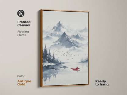 Framed canvas of ink wash mountain art. This minimalist boat canvas print features a floating antique gold frame. Ready to hang this blue gray landscape art enhances a living room. The serene lake artwork is ideal for minimalist homes.