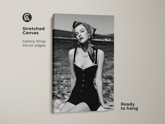 Stretched canvas of a Black & White fashion portrait. Retro woman in scarf artwork has gallery wrap and mirror edges. The vintage mid-century style glamour wall decor is ready to hang. Perfect woman in scarf wall art for coastal home decor.