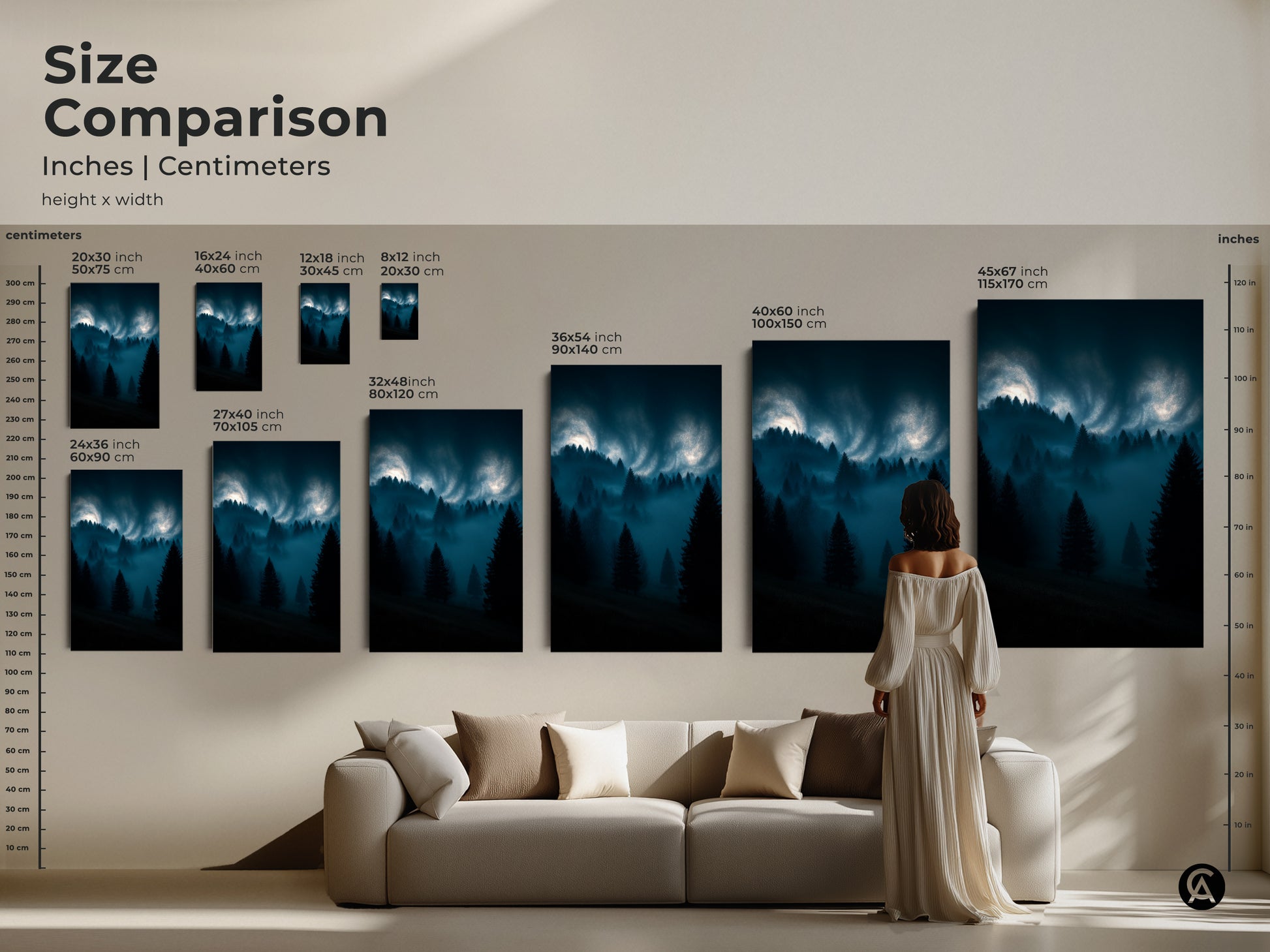 Size comparison of misty forest wall art in inches and centimeters. See the dark teal pine trees artwork in various sizes above a couch. Perfect modern home decor.