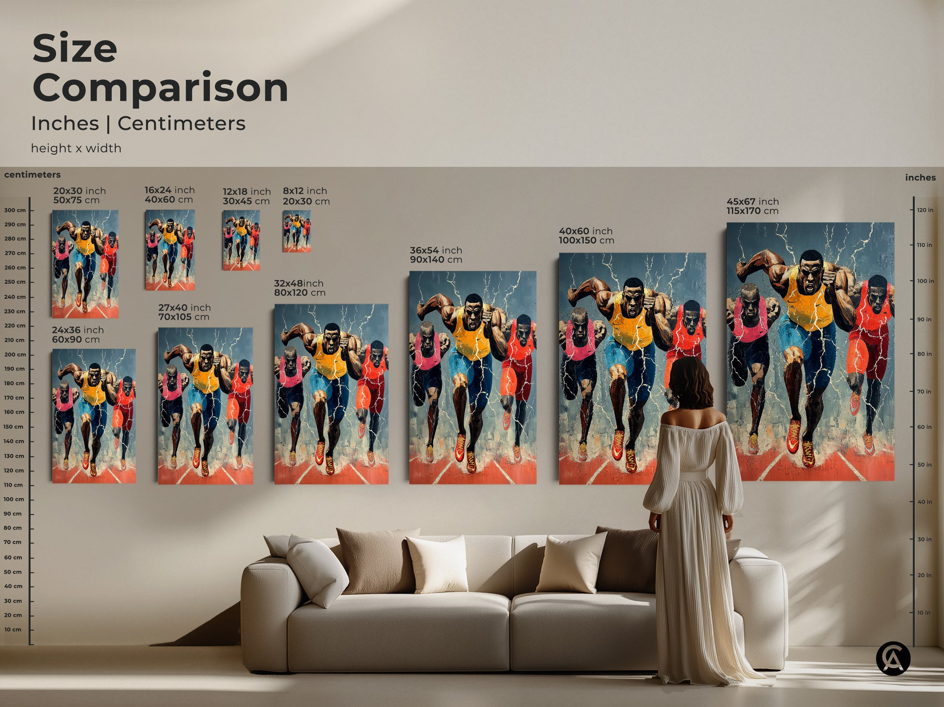 Size comparison of runner art inches vs centimeters. Dynamic expressionist runner art fits any wall. Visualize different sizes in a room setting. Find the perfect canvas art print for your space now.