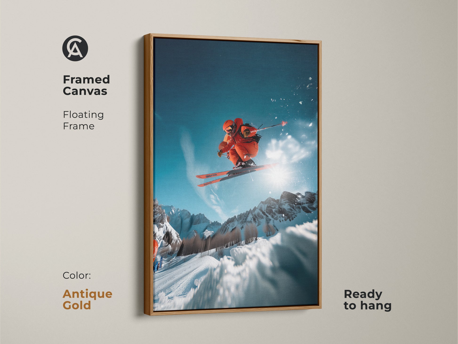 Framed canvas art featuring a skier. The antique gold floating frame adds a touch of elegance. The skier is in mid-air against a stunning mountain view. Ready to hang this piece enhances any space. Perfect for collectors and sports enthusiasts alike