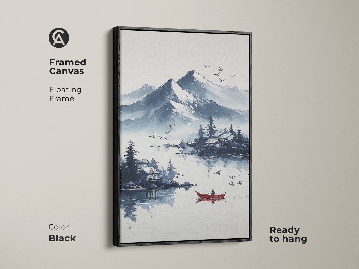 Black framed canvas print of an ink wash mountain lake with a red boat. This Scandinavian landscape art adds a touch of peace to any room. The blue and white tones create a serene atmosphere. It's ready to hang and perfect for residential wall decor.