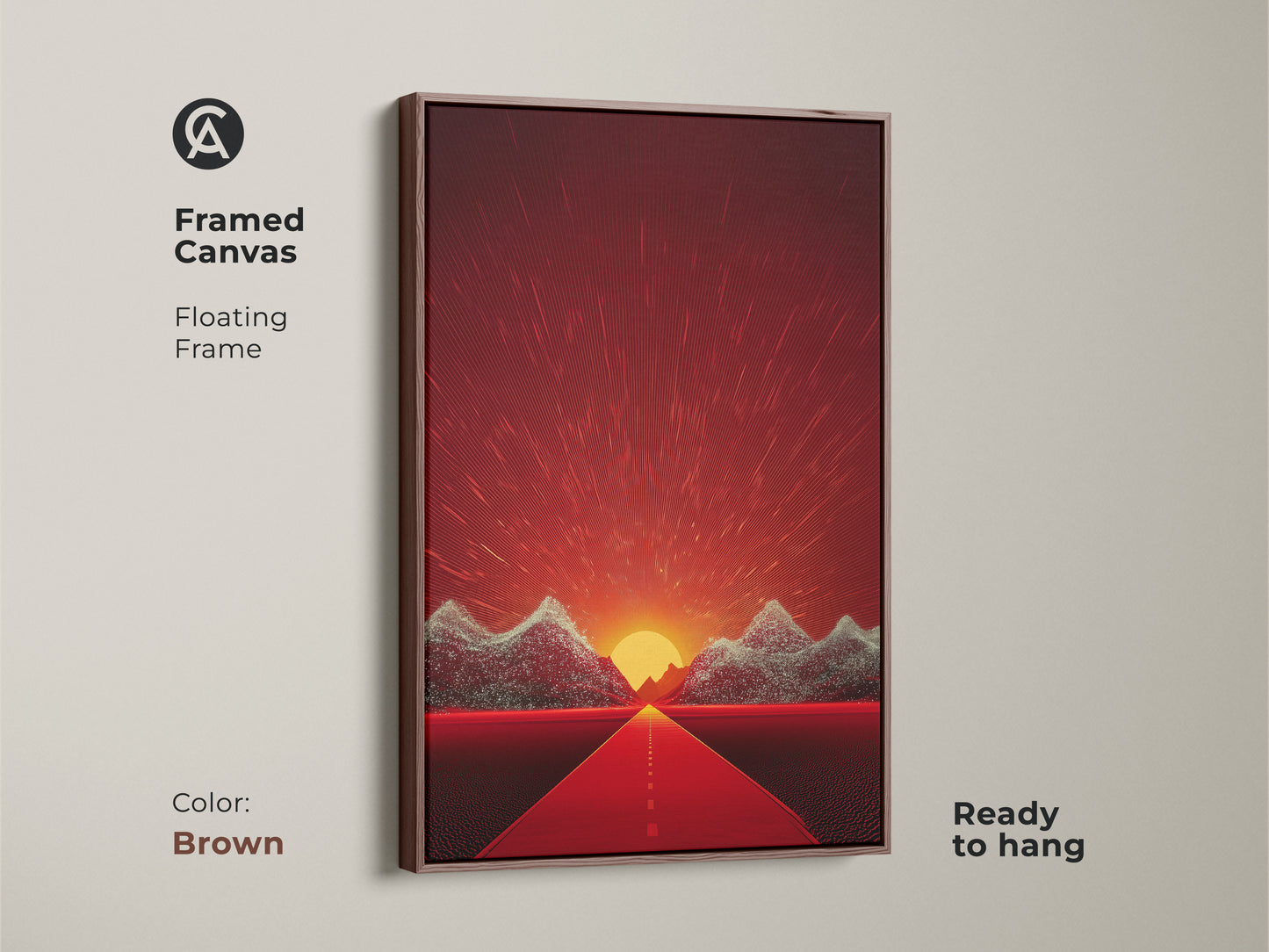 Framed Canvas with a Floating Frame in Brown. The abstract style features a road leading towards majestic mountains under a vibrant sunset. A unique piece of Eclectic Home Art.