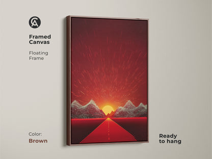 Framed Canvas with a Floating Frame in Brown. The abstract style features a road leading towards majestic mountains under a vibrant sunset. A unique piece of Eclectic Home Art.