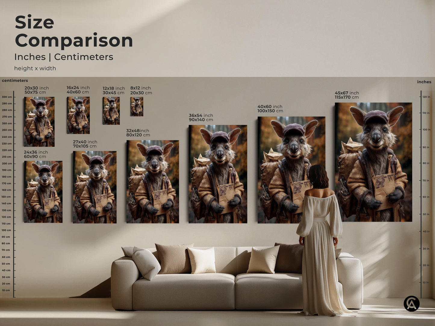 Size comparison of the kangaroo mail carrier art print. Inches and centimeters provide a clear view. Perfect for any living room with various sizes available. The earthy tones provide a rustic feel.
