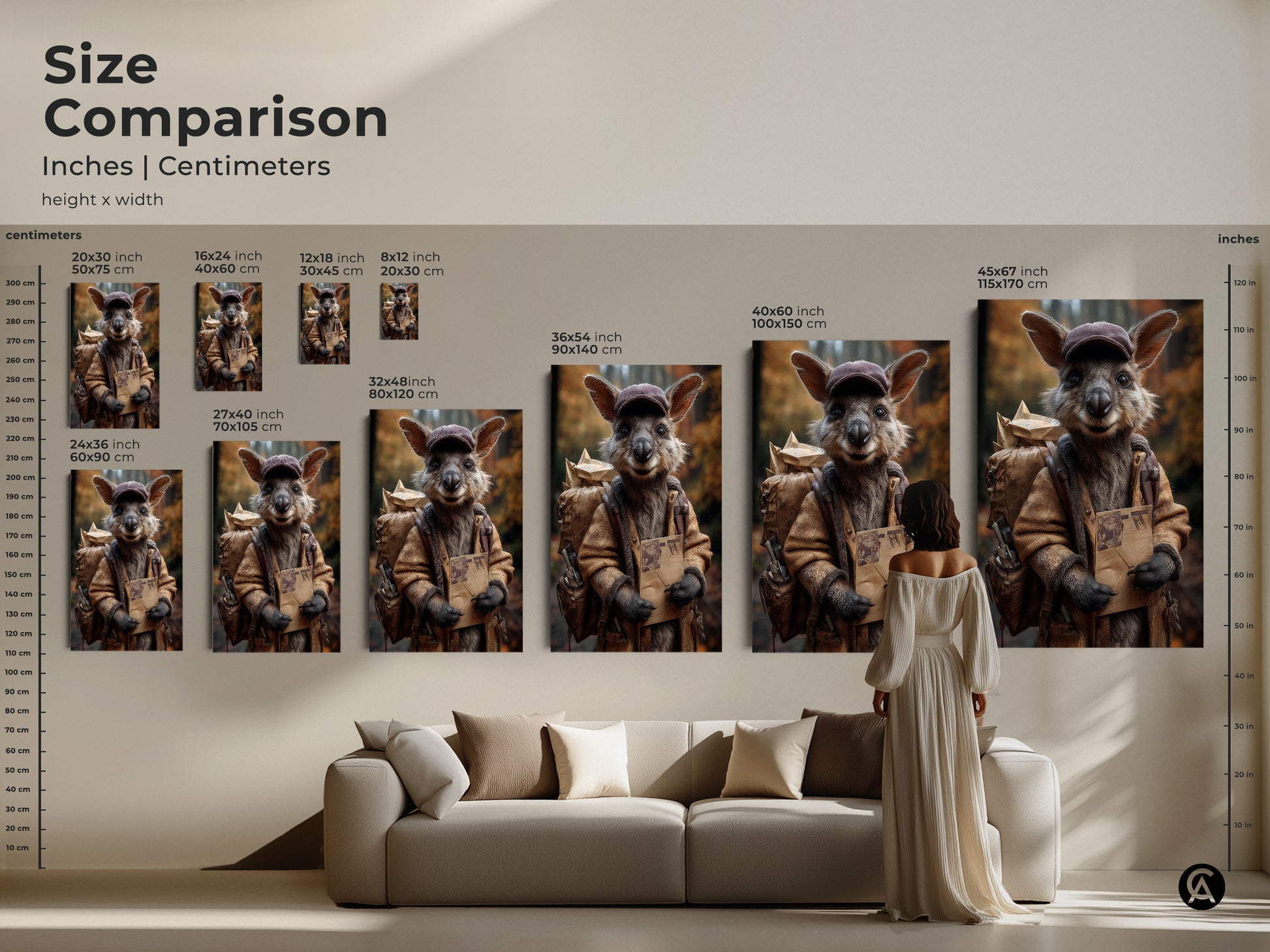 Size comparison of the kangaroo mail carrier art print. Inches and centimeters provide a clear view. Perfect for any living room with various sizes available. The earthy tones provide a rustic feel.