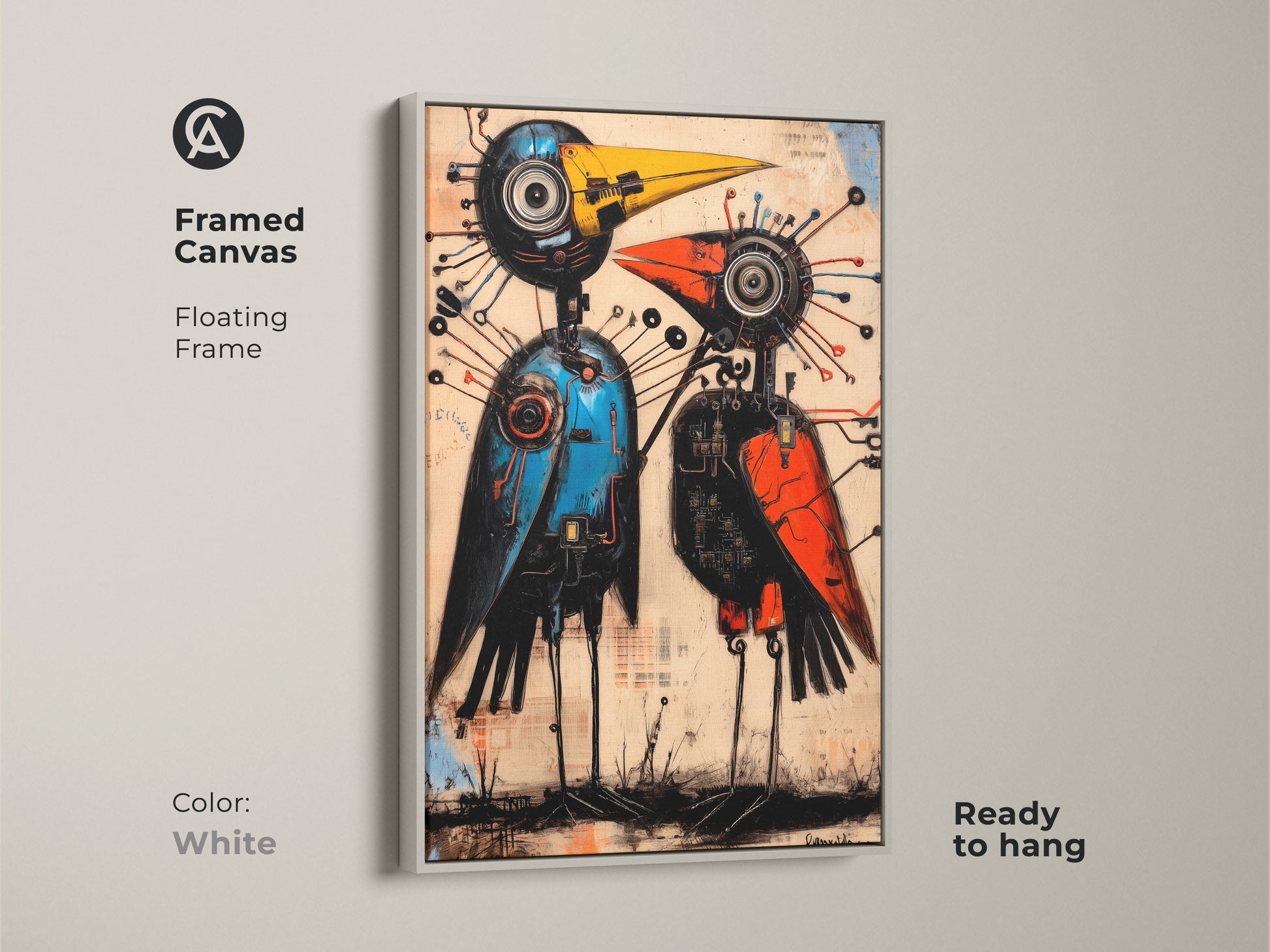 Sizing guide for the abstract mechanical bird canvas and poster art. See how different sizes of this steampunk robot art fit with a human model. Vertical orientation options include small medium and large prints. Visualize your eclectic home decor now.