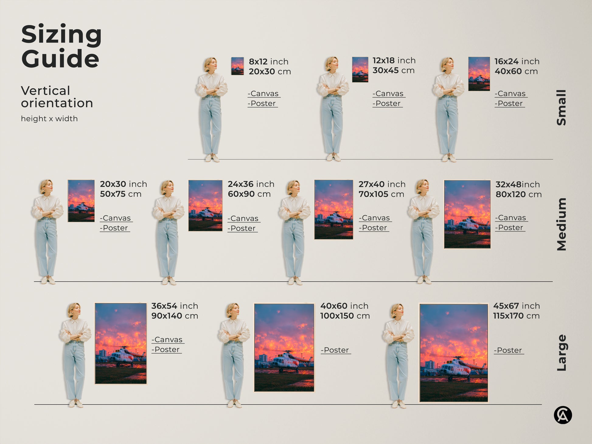 Sizing guide for aviation art prints. Visualize various sizes from small to large. The helicopter art looks stunning in any size. Find the ideal fit for your space. This aviation artwork is customizable.