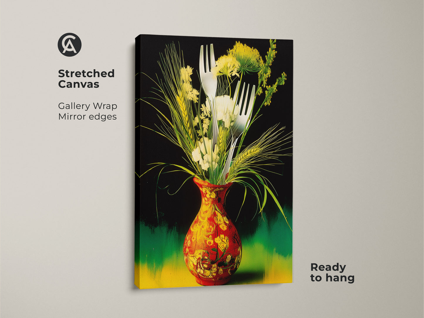 Gallery wrapped canvas print showcasing a surreal floral art piece. The red and yellow vase art pops. This colorful vase artwork includes forks and botanical details. Ready to hang makes it perfect for eclectic wall art.