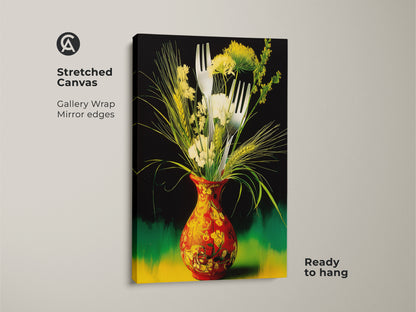 Gallery wrapped canvas print showcasing a surreal floral art piece. The red and yellow vase art pops. This colorful vase artwork includes forks and botanical details. Ready to hang makes it perfect for eclectic wall art.