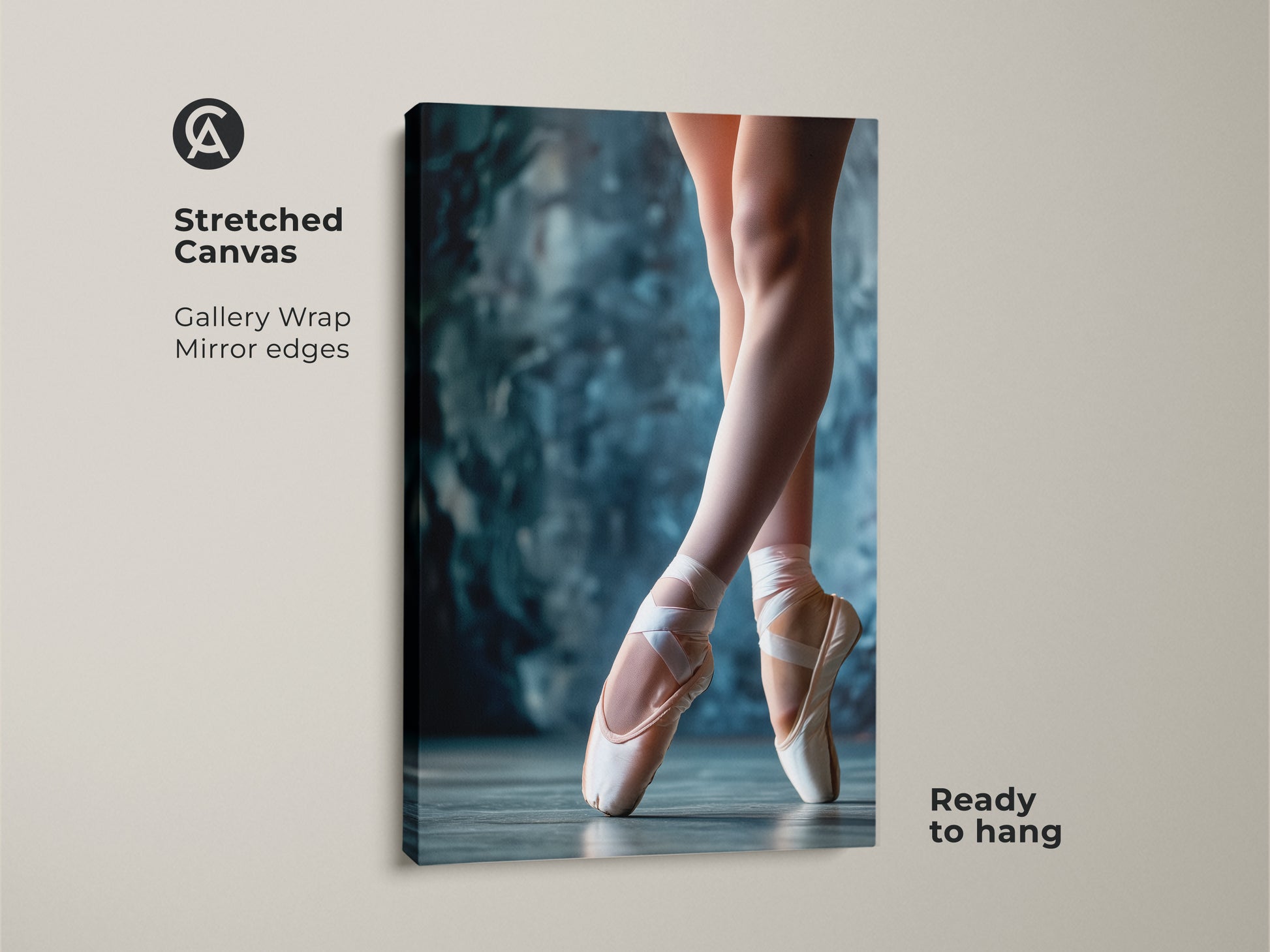 Stretched canvas artwork featuring ballet shoes. The gallery wrapped canvas has mirrored edges. The art is ready to hang. This piece captures the elegance of ballet in a modern art style.