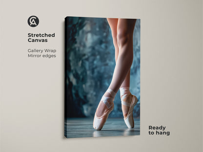 Stretched canvas artwork featuring ballet shoes. The gallery wrapped canvas has mirrored edges. The art is ready to hang. This piece captures the elegance of ballet in a modern art style.