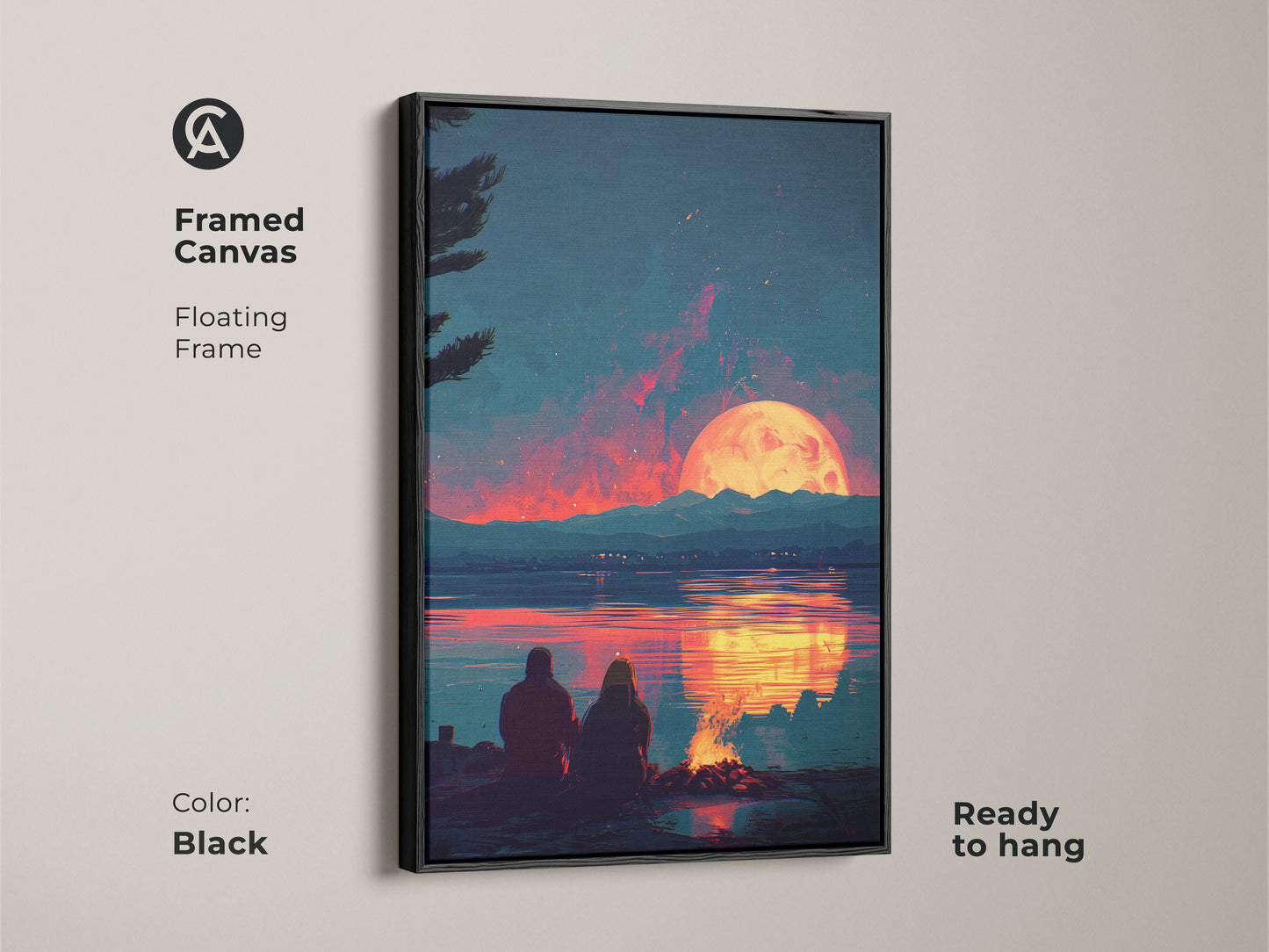 Framed canvas art showcasing a couple enjoying a campfire sunset. The floating frame in black adds a touch of sophistication. This teal and orange artwork is ready to hang. Ideal for creating a cozy bedroom atmosphere. It is a perfect anniversary gift or scenic outdoor art.