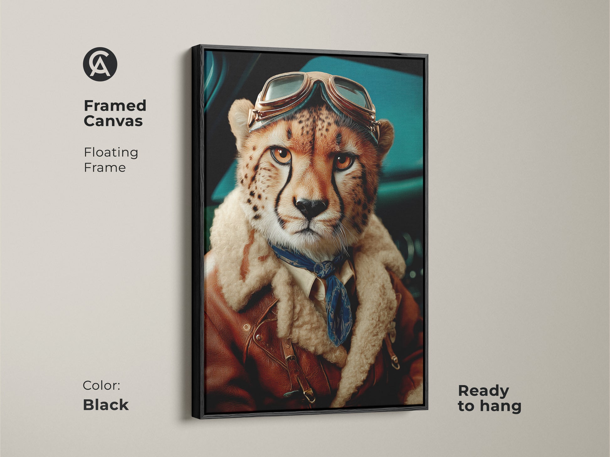Framed canvas with a floating frame in black showcasing a surreal cheetah aviator artwork. This unique animal graphic art adds a touch of sophisticated whimsy to any eclectic home decor. Ready to hang.