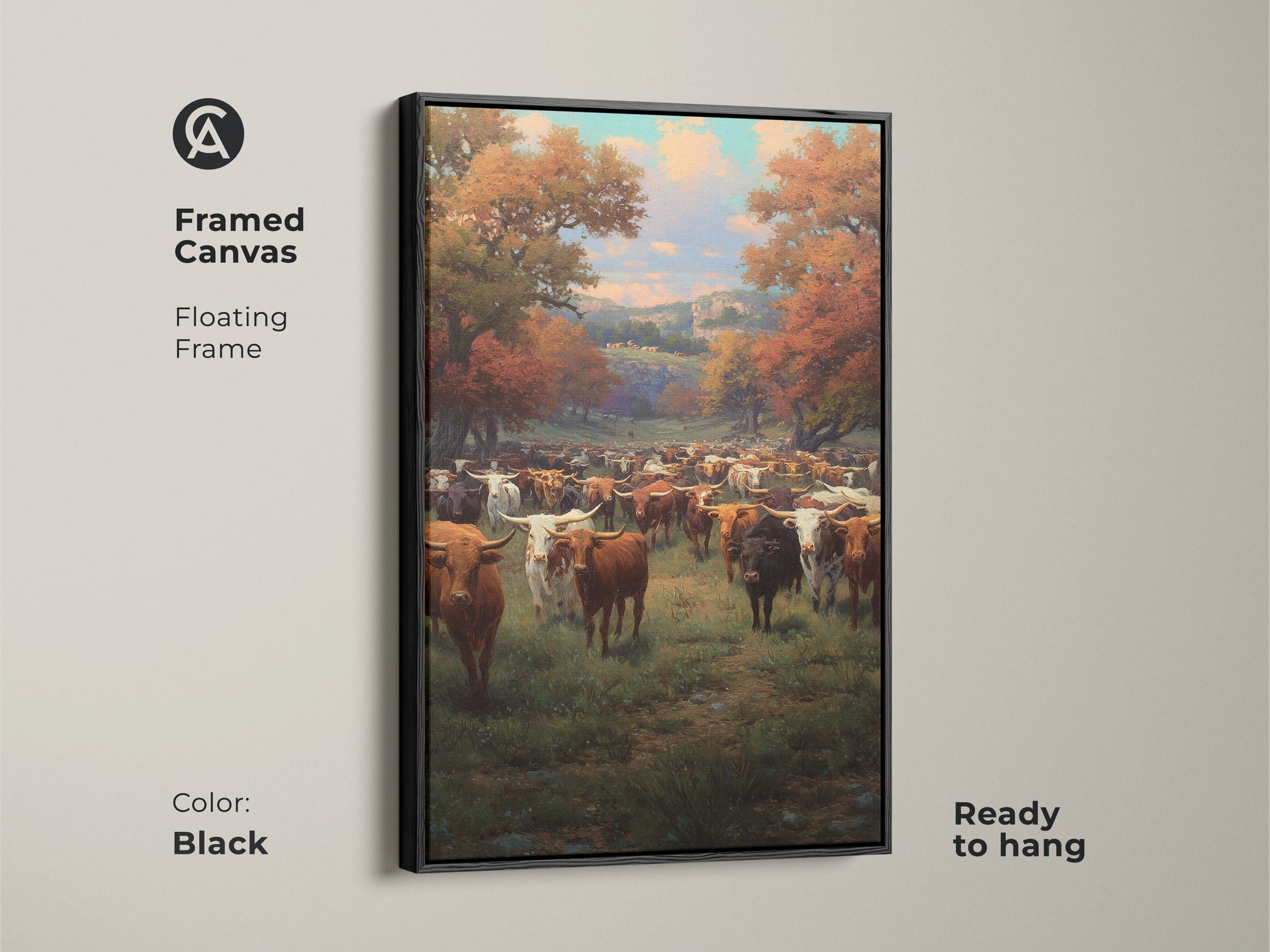 Framed canvas in black featuring a longhorn cattle herd amid autumn trees. This ready to hang floating frame enhances the traditional realism painting. Perfect for farmhouse decor this western art complements earthy tones. A thoughtful housewarming gift.