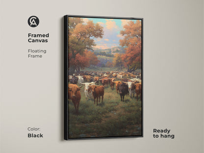 Framed canvas in black featuring a longhorn cattle herd amid autumn trees. This ready to hang floating frame enhances the traditional realism painting. Perfect for farmhouse decor this western art complements earthy tones. A thoughtful housewarming gift.