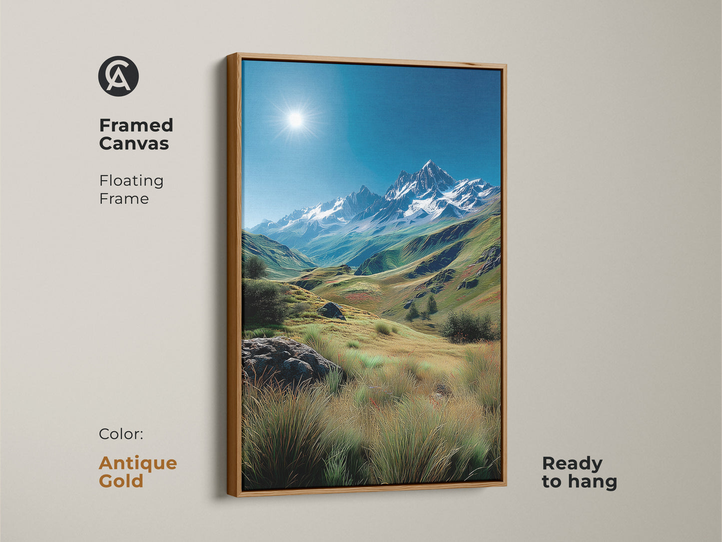 Framed canvas artwork presenting a stunning mountain view in an antique gold frame. This ready-to-hang piece adds a touch of elegance to your decor. The ornate frame enhances the natural beauty of the landscape artwork.