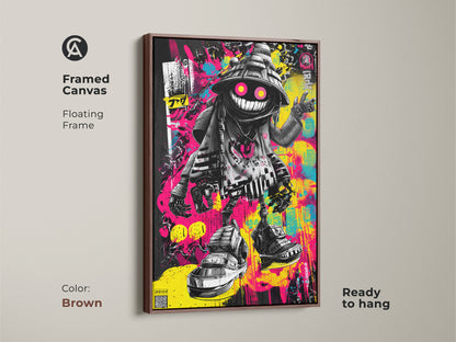 Framed graffiti canvas art with a brown floating frame. The artwork features a whimsical character with bright neon accents. This canvas art is ready to hang. The brown frame enhances the urban aesthetic. This is a perfect statement piece.