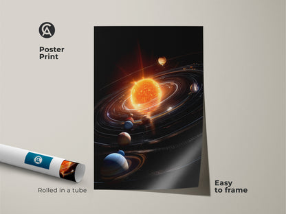 A rolled poster print features solar system artwork. Easy to frame this museum-quality print captures a vibrant sun and planets. Its the perfect choice for space lovers seeking unique wall decor. Add cosmic beauty to your space with this captivating artwork.