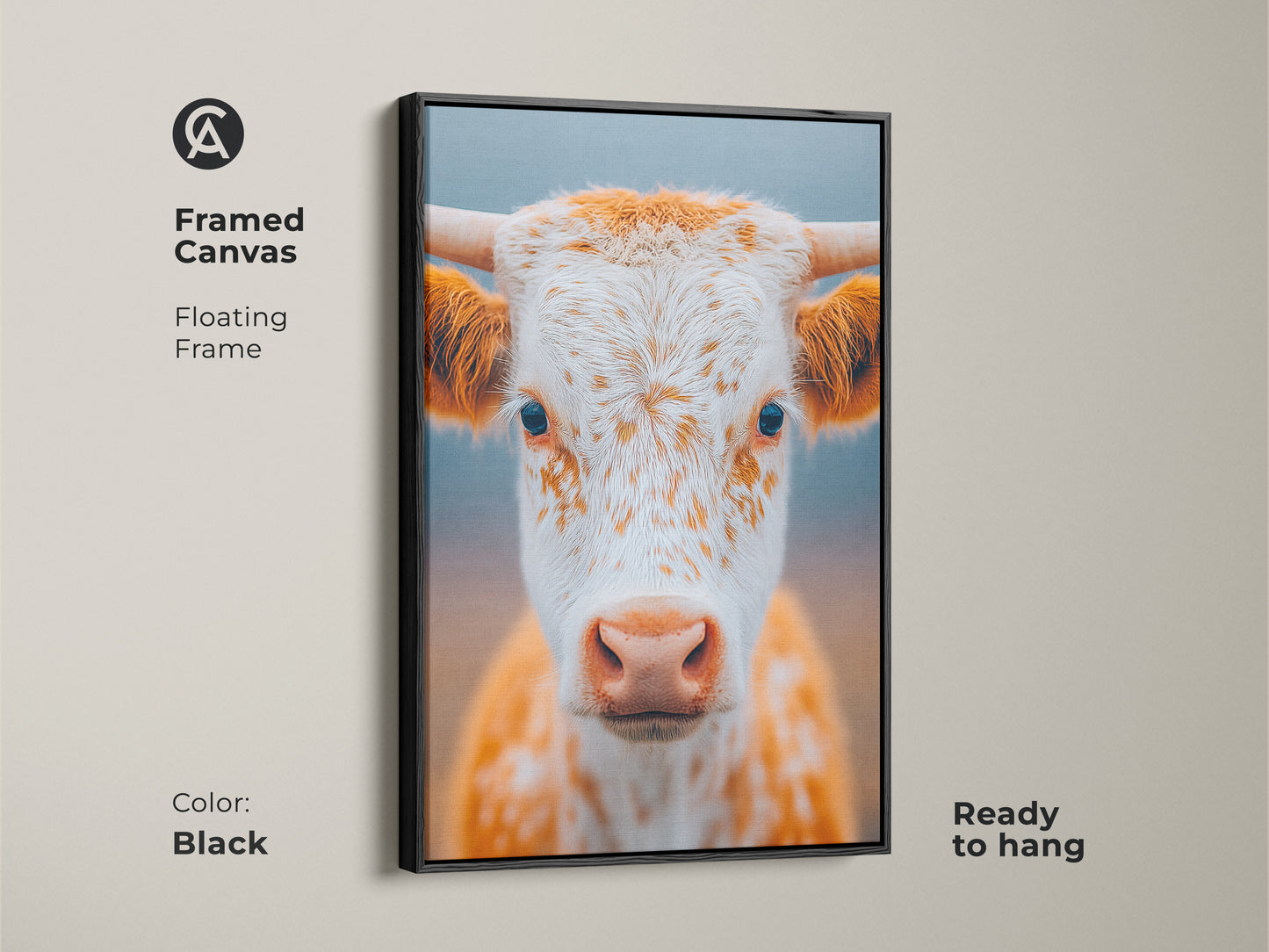 Framed canvas of a longhorn calf. The floating frame is black. The art is ready to hang. This framed art offers a polished look. The canvas will elevate your home decor.