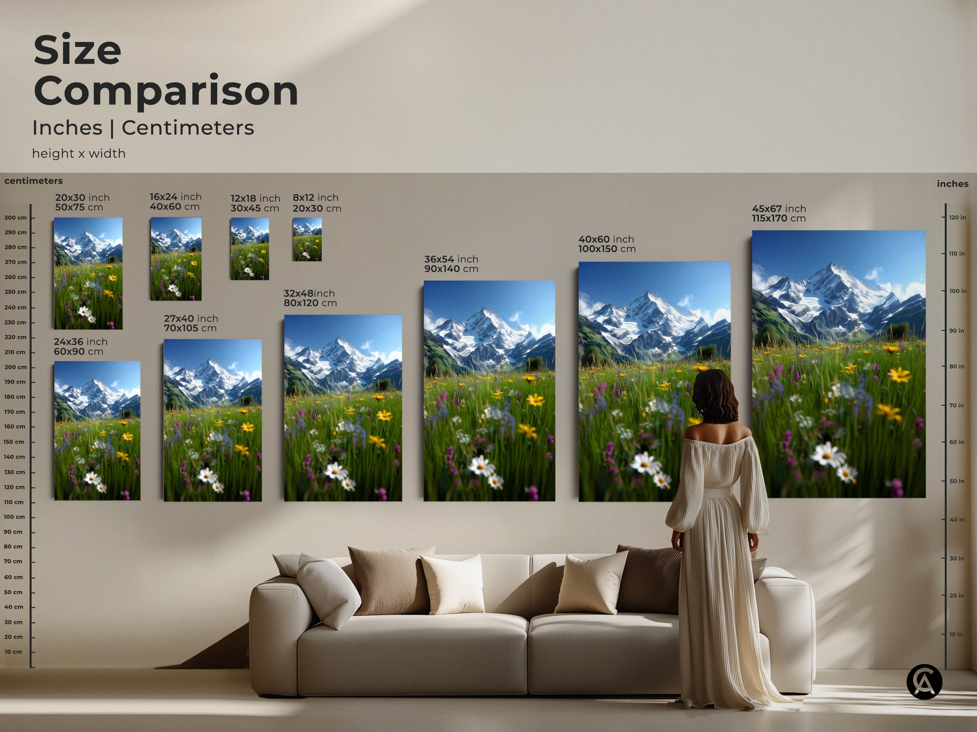 Size comparison of alpine flowers and snow mountain artwork in inches and centimeters. See how the art fits above a sofa. Choose from various sizes. Bring this impressionistic landscape into your home. This canvas print makes a great housewarming gift. Enhance your living space.