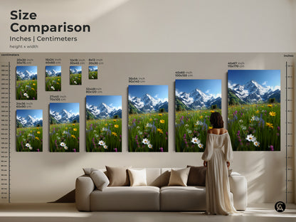 Size comparison of alpine flowers and snow mountain artwork in inches and centimeters. See how the art fits above a sofa. Choose from various sizes. Bring this impressionistic landscape into your home. This canvas print makes a great housewarming gift. Enhance your living space.