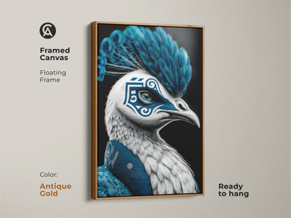 A framed canvas presents the peacock mask artwork. The antique gold floating frame adds elegance. Ready to hang this fantasy creature art infuses eclectic style. This print is ideal for unique office wall art.