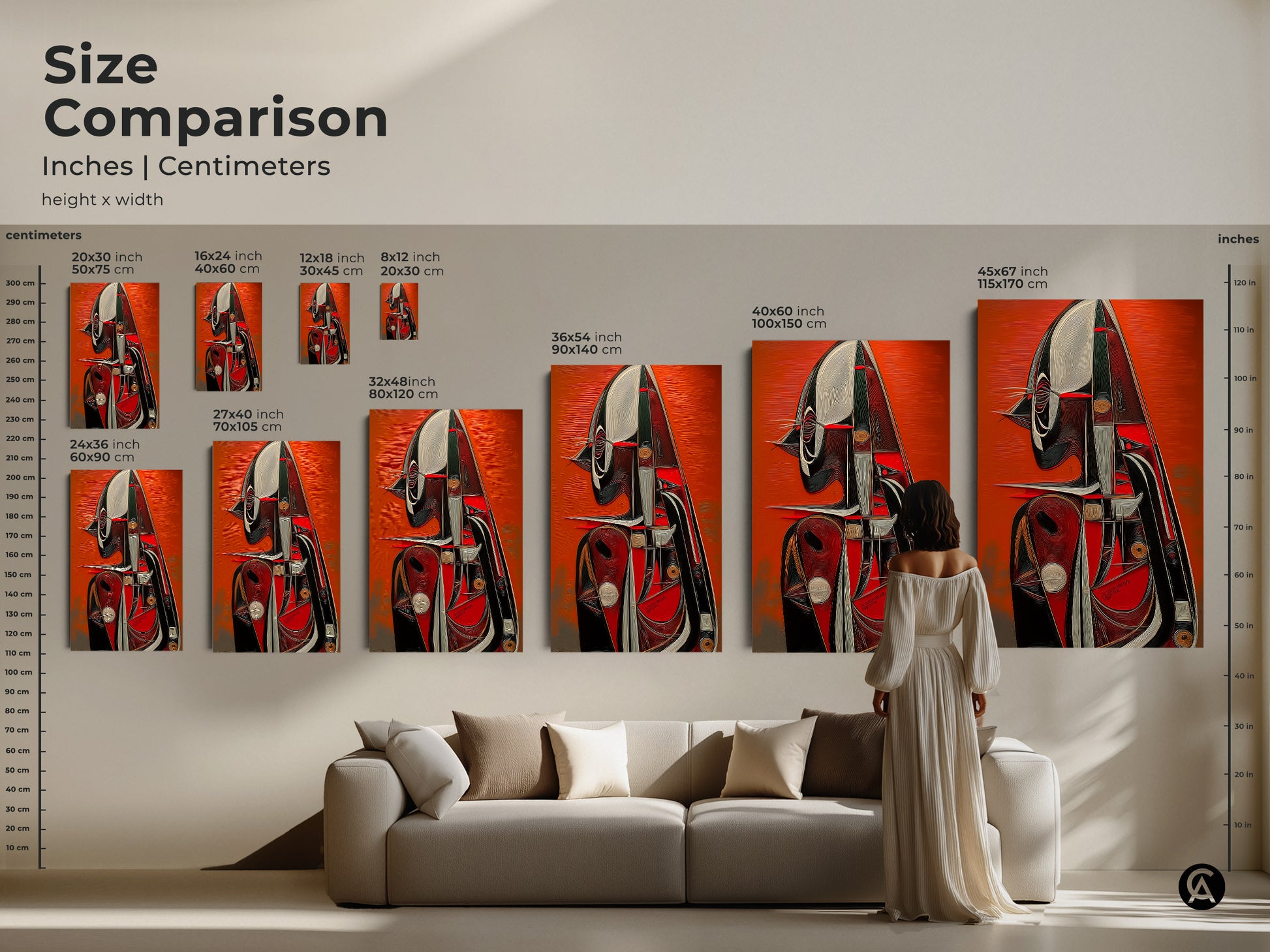 Size comparison of abstract figure art prints. See how the geometric canvas art looks in different sizes. Perfect for eclectic home decor or as a housewarming gift for art lovers. Shop now.
