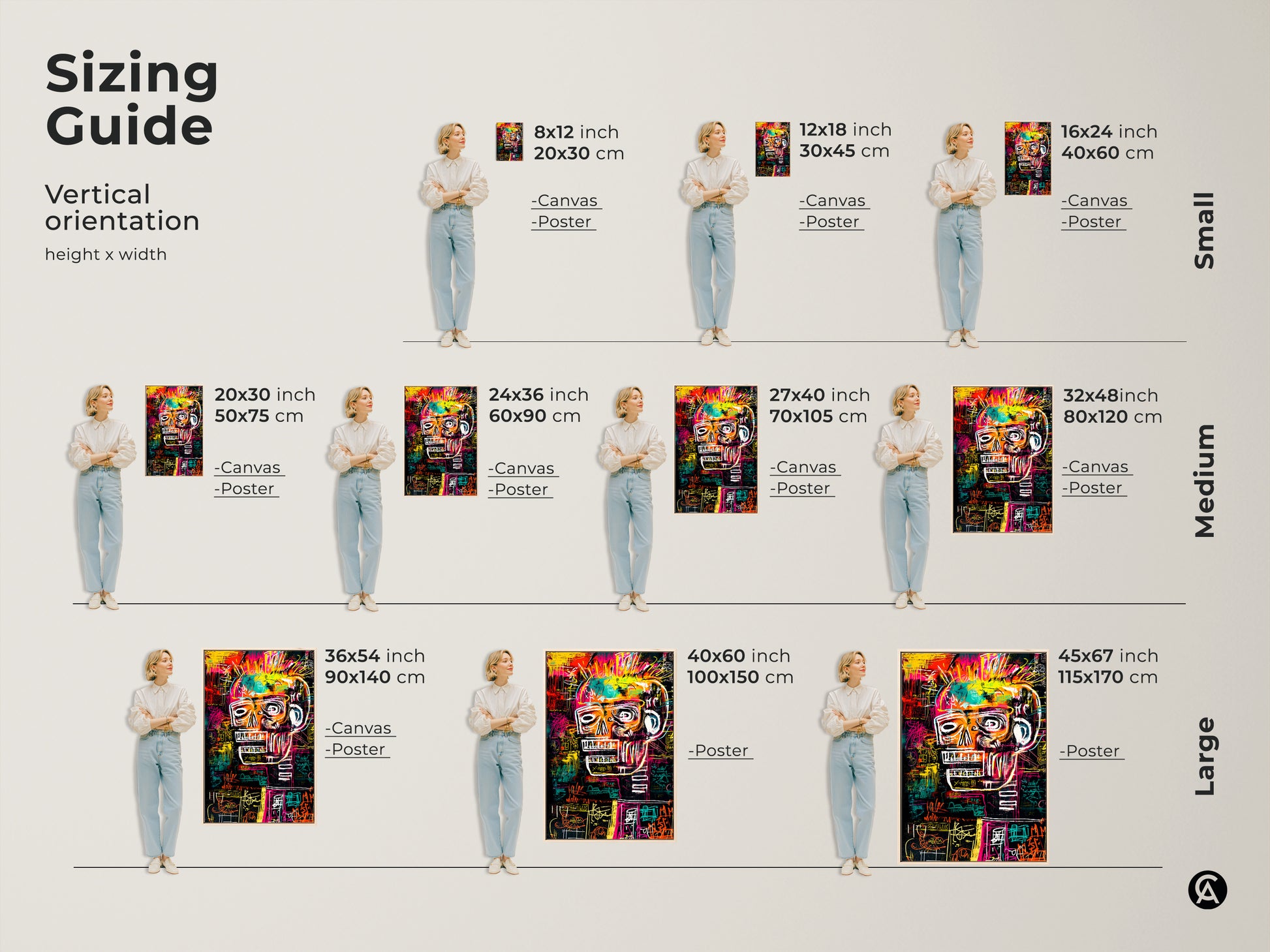 Sizing guide for vertical art orientation. Available in small medium and large sizes. Choose from canvas or poster prints. Find the perfect fit for your space with dimensions from 8x12 inches to 45x67 inches. Transform your walls with the ideal skull artwork.
