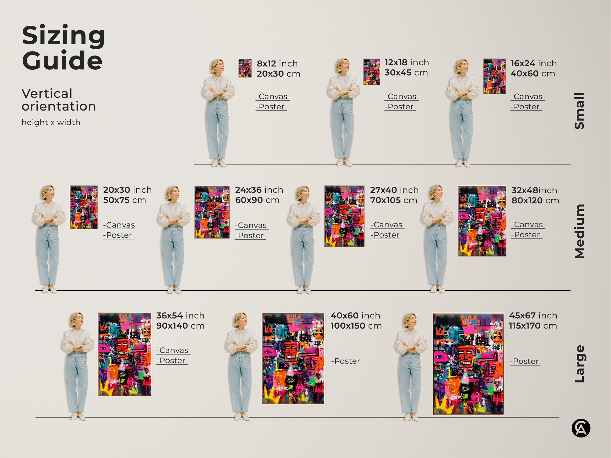 Sizing guide for graffiti art prints. See vertical orientations and height x width options. Available as canvas or poster in sizes from small to large. Visualize the perfect fit for your space with this helpful guide.