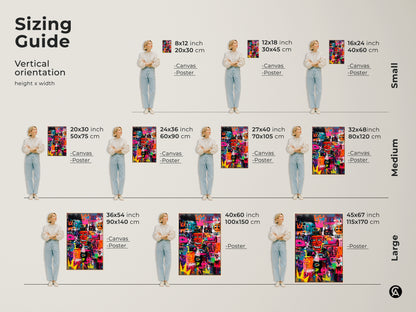 Sizing guide for graffiti art prints. See vertical orientations and height x width options. Available as canvas or poster in sizes from small to large. Visualize the perfect fit for your space with this helpful guide.