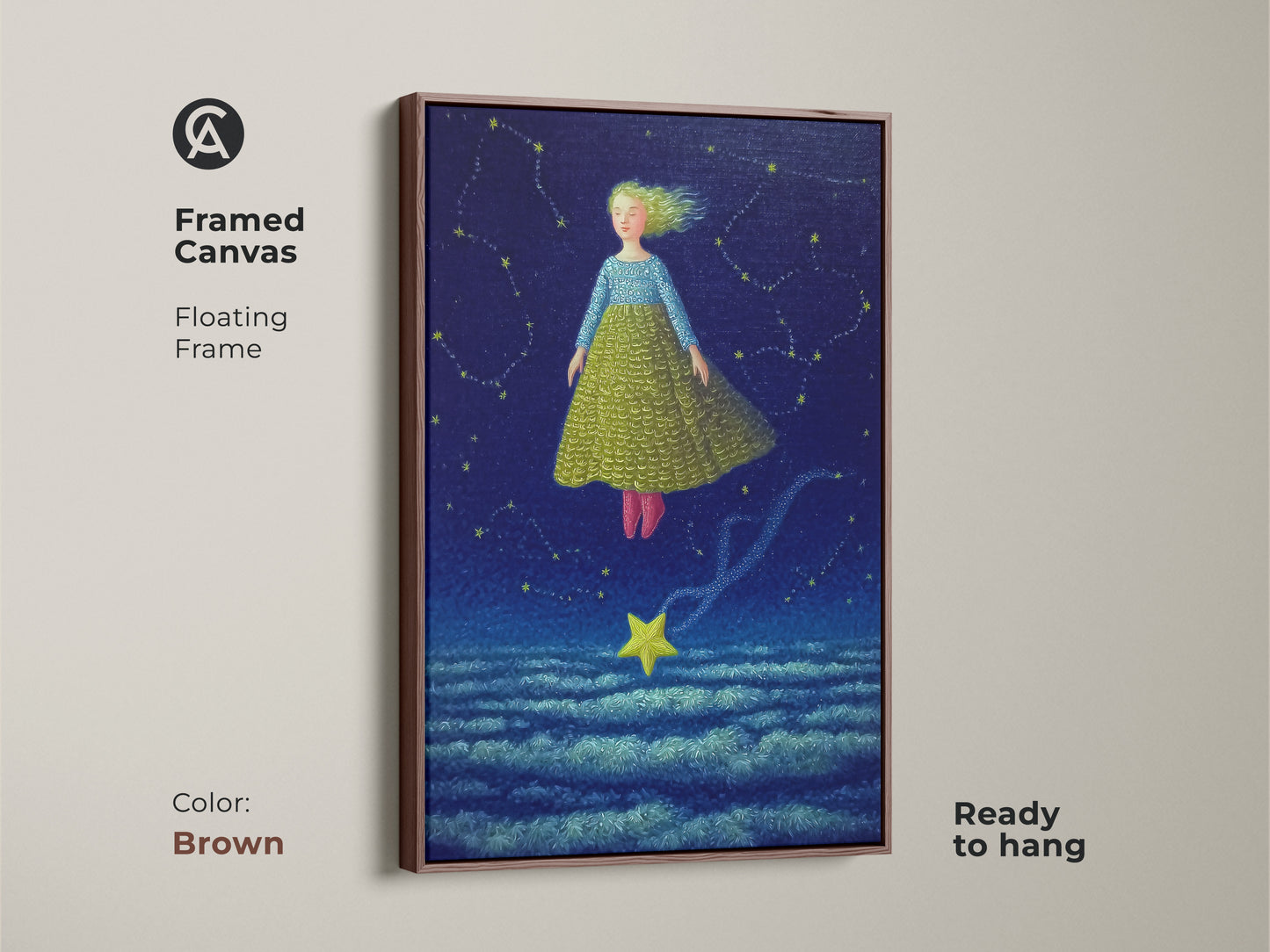 Framed canvas art print featuring a celestial girl floating in a starry night. The floating frame adds a touch of elegance to this fantasy art. Perfect for a boho nursery or kids room this framed canvas is ready to hang and will bring a magical dream art vibe. The frame is Brown.