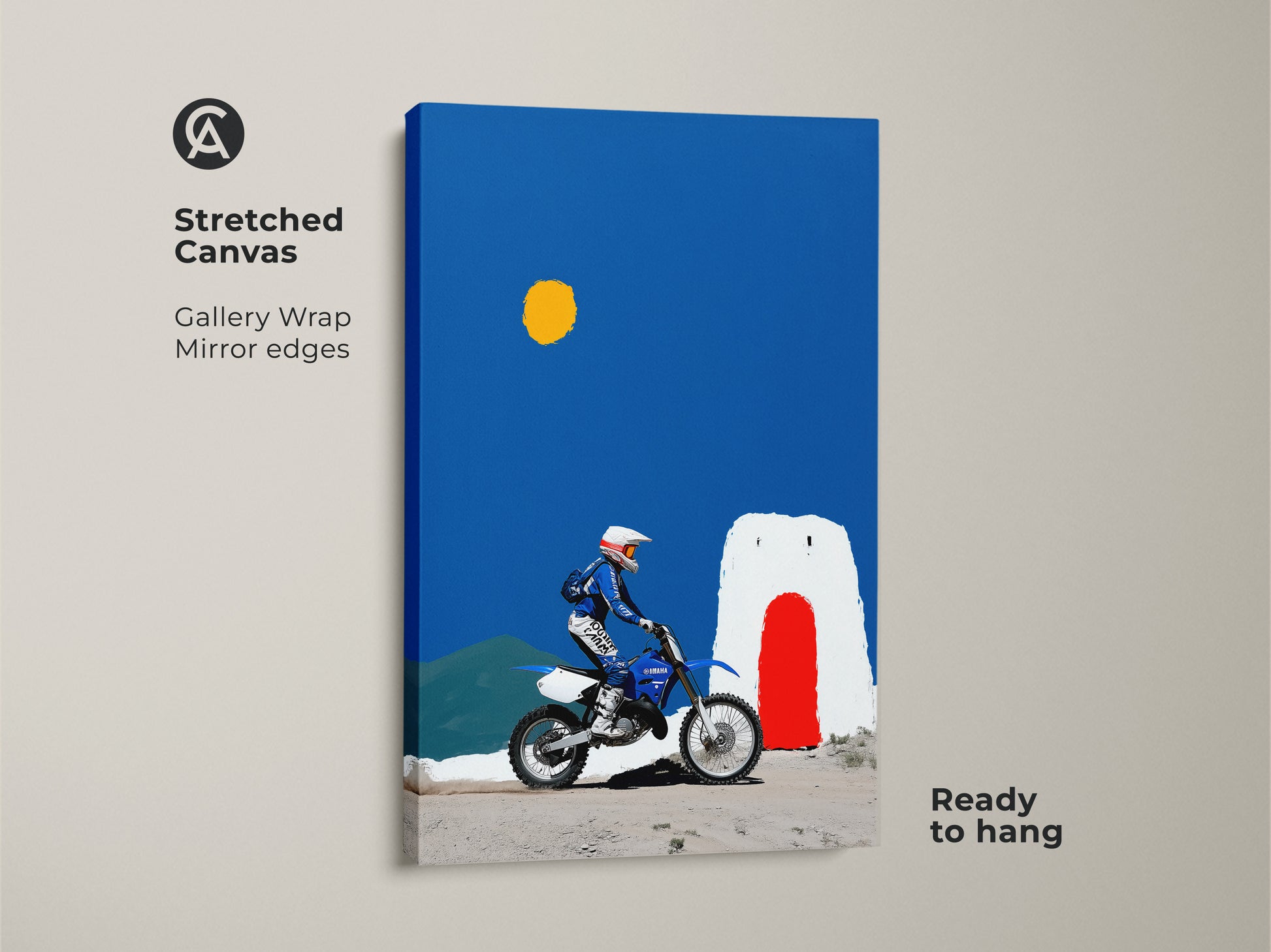 Stretched canvas gallery wrap featuring Motocross Rider artwork. The off-road adventure canvas has mirror edges. The Yamaha racing art shows a deep blue sky and yellow sun. Ready to hang minimalist art for sports enthusiasts.