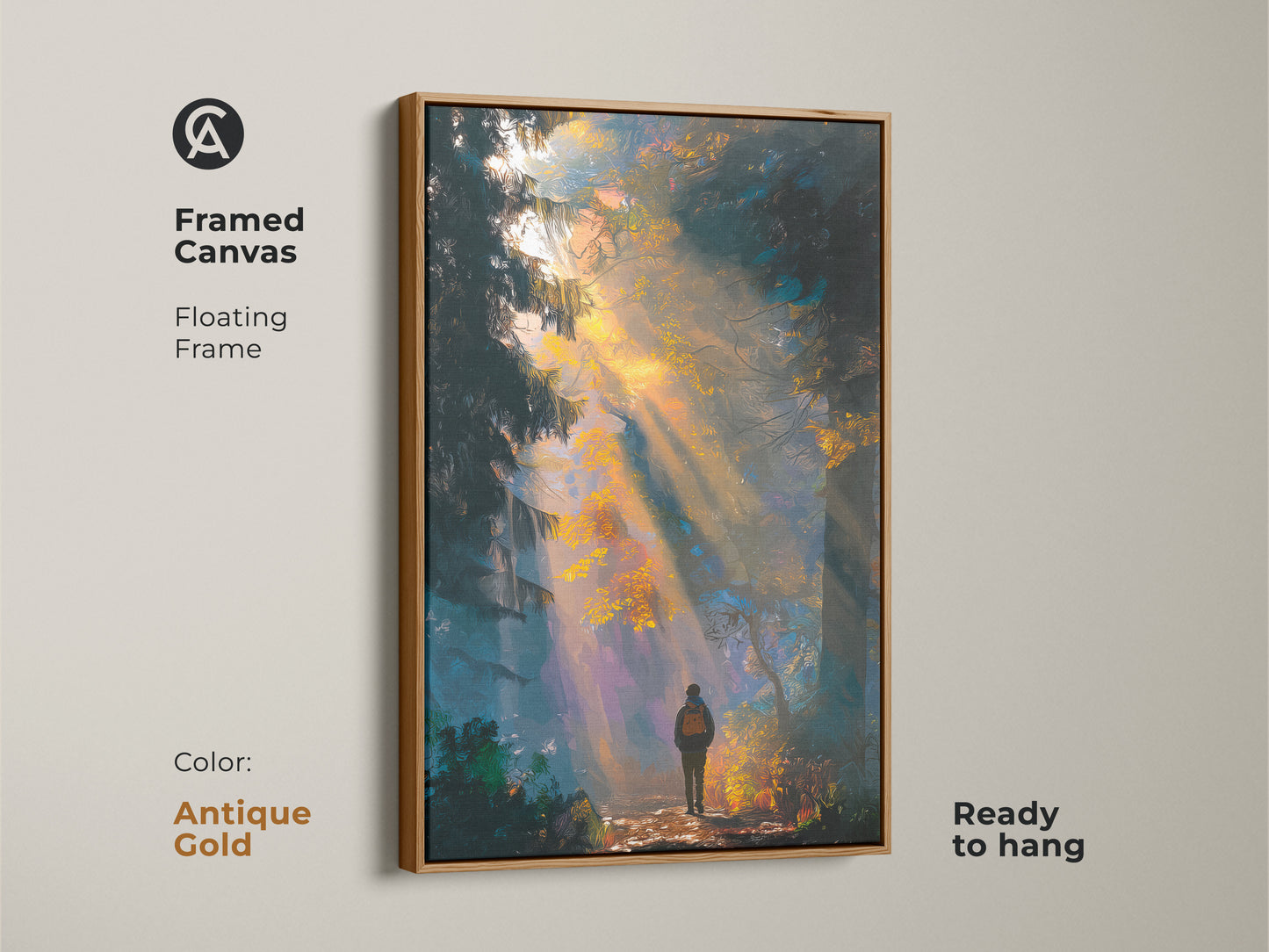 Framed canvas art with an antique gold floating frame featuring a hiker in a forest. Light streams through the trees. Ready to hang this artwork brings a touch of elegance. The antique gold frame enhances the forest scene. A beautiful addition to any art collection.
