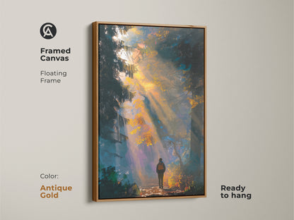 Framed canvas art with an antique gold floating frame featuring a hiker in a forest. Light streams through the trees. Ready to hang this artwork brings a touch of elegance. The antique gold frame enhances the forest scene. A beautiful addition to any art collection.