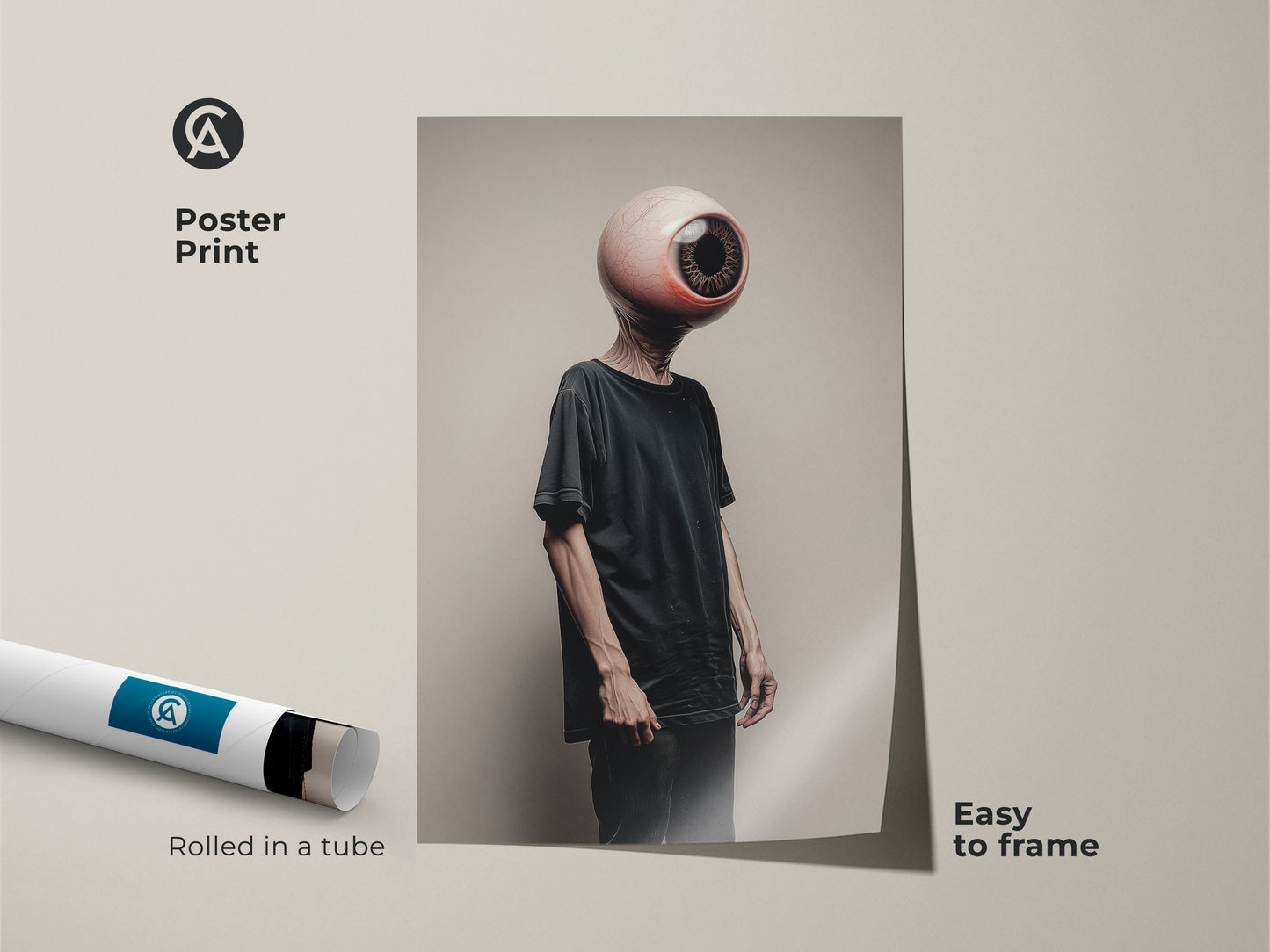 A surreal eyeball head art print poster is easy to frame. This conceptual figure art is perfect for eclectic homes and offices. Rolled in a tube it features a dark aesthetic that enhances any space. This unique brown beige art lover Halloween gift is ideal.
