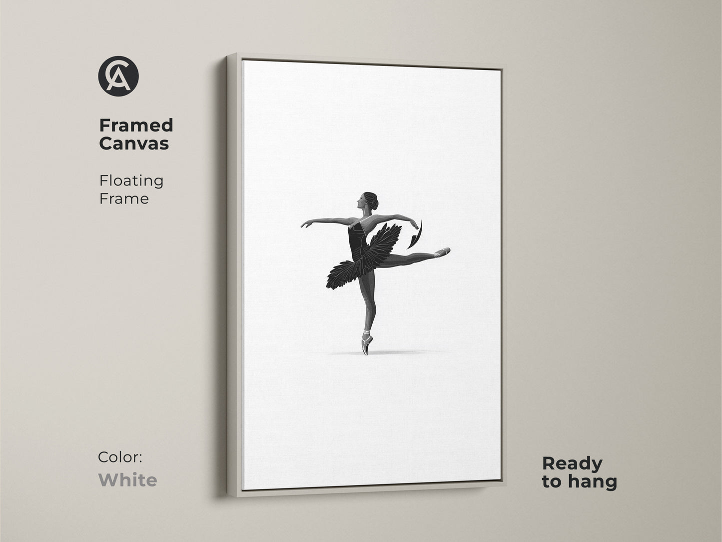 Framed canvas displays minimalist ballerina art. White floating frame accents black and white dancer wall art. The elegant ballet figure canvas enhances contemporary bedroom decor. This monochrome ballet art is ready to hang. Artistic dancer poster.