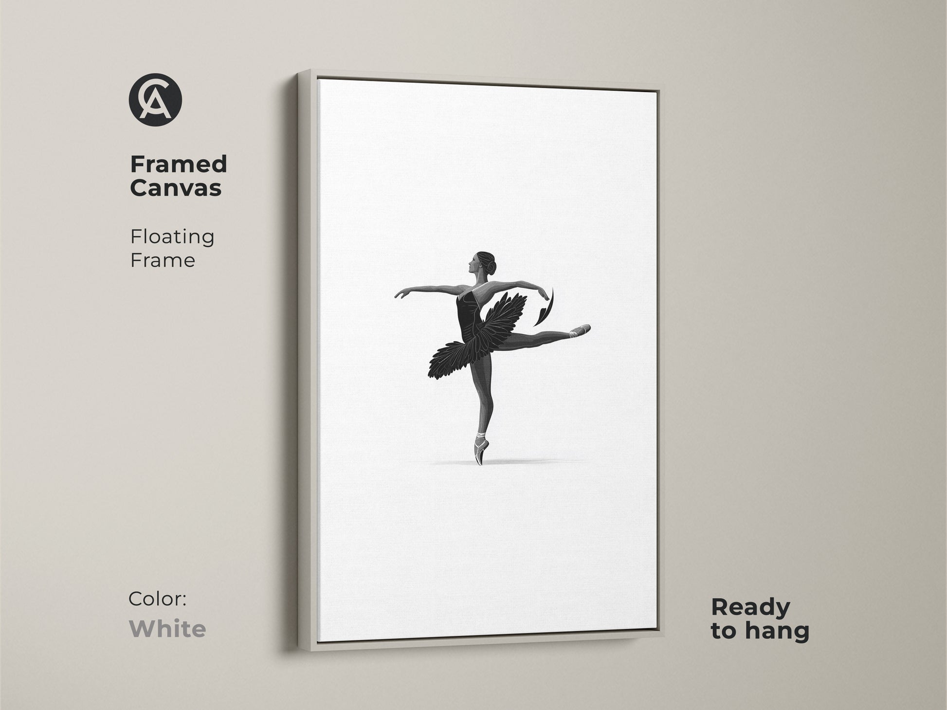 Framed canvas displays minimalist ballerina art. White floating frame accents black and white dancer wall art. The elegant ballet figure canvas enhances contemporary bedroom decor. This monochrome ballet art is ready to hang. Artistic dancer poster.