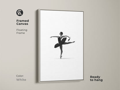 Framed canvas displays minimalist ballerina art. White floating frame accents black and white dancer wall art. The elegant ballet figure canvas enhances contemporary bedroom decor. This monochrome ballet art is ready to hang. Artistic dancer poster.