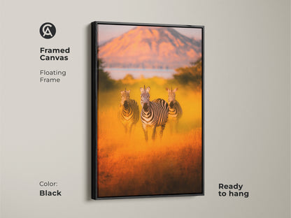 Framed canvas print of zebras in the African savanna with a floating black frame. This wildlife art is ready to hang. Perfect for eclectic home decor and housewarming gift ideas. The photorealistic animal print brings warm earth tones into your space. Add safari theme decor to your living room.