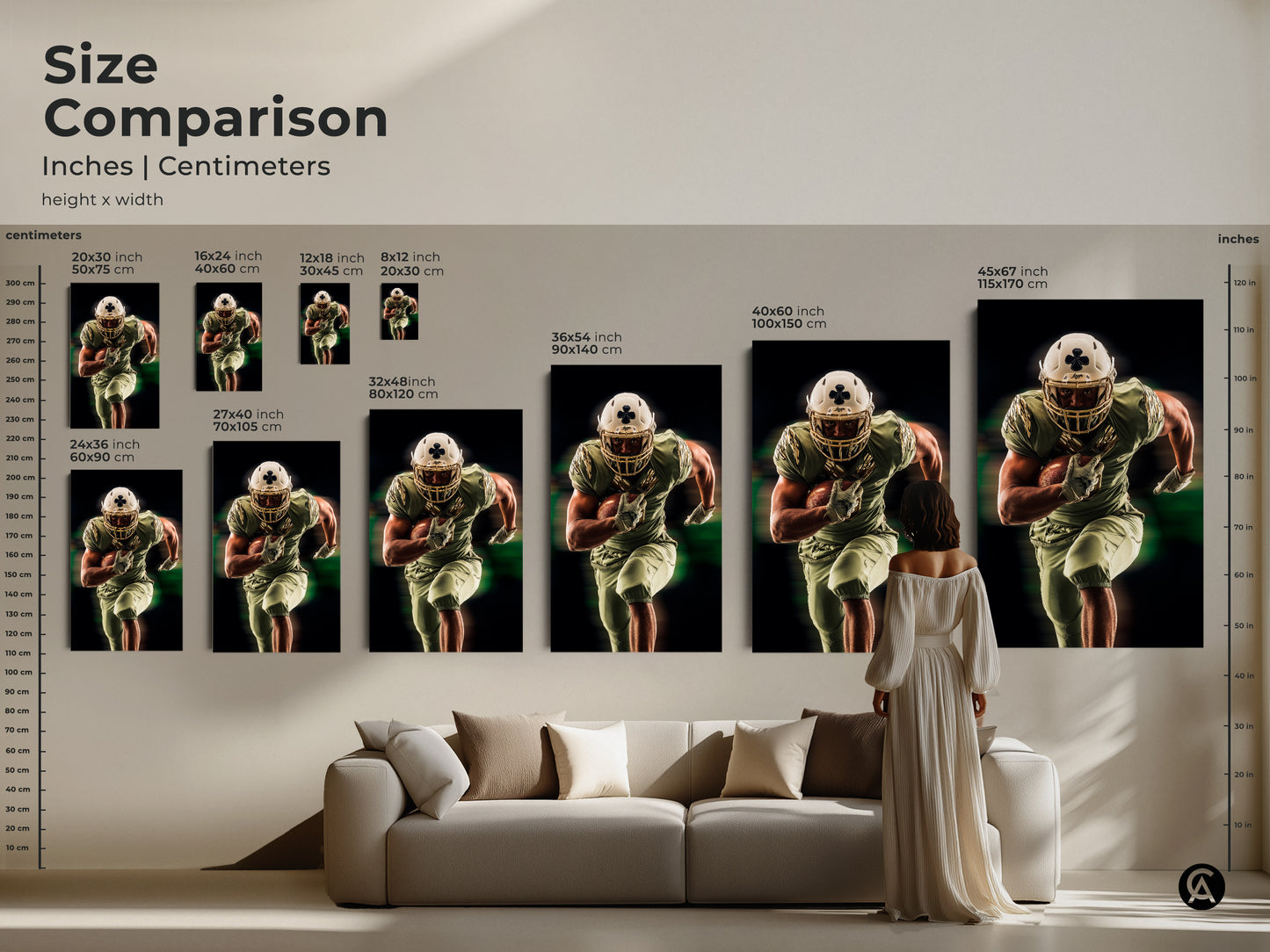 Size comparison of the American Football artwork in inches and centimeters. See how the modern sports art fits above a sofa. A great piece for your man cave office or as a gift for a sports enthusiast.