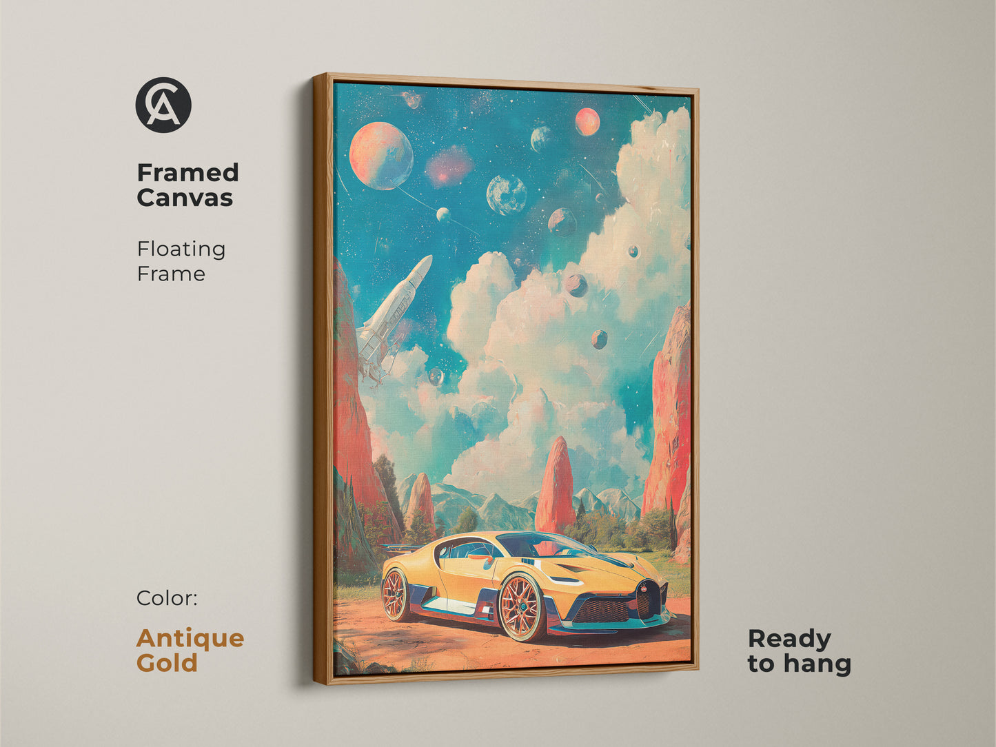 This framed canvas print showcases a yellow sports car and rocket in space. The white floating frame offers a clean look to this surreal space landscape. The sci-fi art print is ready to hang. Ideal for modern game rooms or futuristic offices.