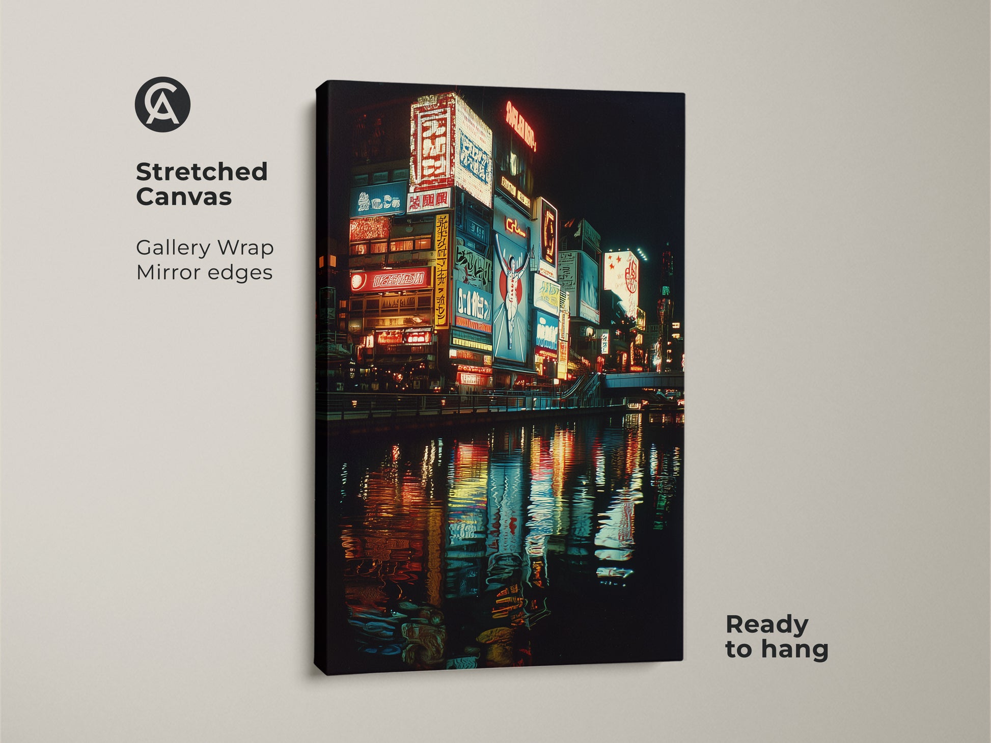 Osaka neon art print on a stretched canvas. The gallery wrap with mirror edges creates a sleek modern look. Ready to hang this Japan cityscape wall art will transform any space. The urban night photography captures the essence of Osaka's nightlife. A perfect travel lover gift idea.