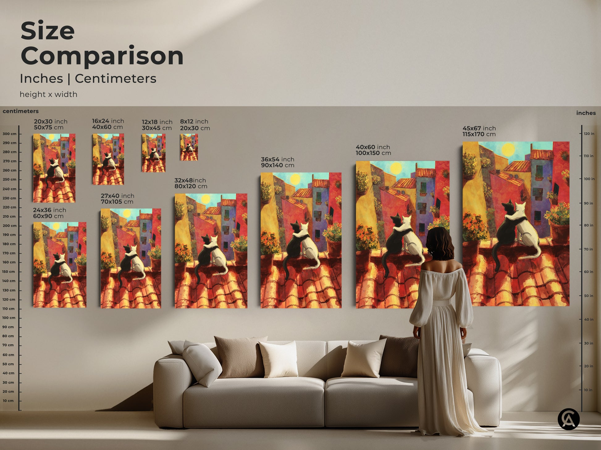 Size comparison of cat couple art prints in inches and centimeters. Visualize the art above a sofa. See how the sizes range from small to large. Find the perfect scale for your wall decor.