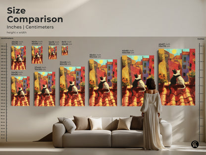 Size comparison of cat couple art prints in inches and centimeters. Visualize the art above a sofa. See how the sizes range from small to large. Find the perfect scale for your wall decor.